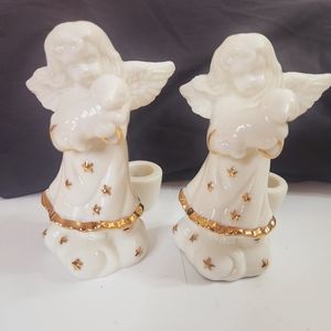 Vintage Angel Holding Lamb Set 2 Candleholders 5.25 inches tall